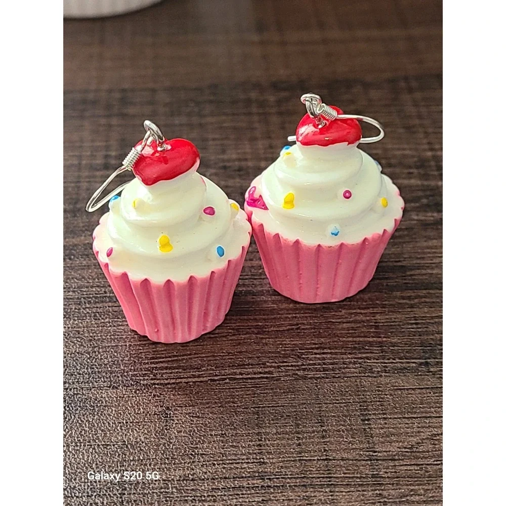 Handmade Cute Cupcake Earrings Red Cherry White‎ Frosting Pink Wrapper Treat Fun